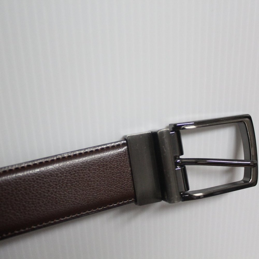 Mens brown geniune leather belt NWOT 38/95 brushed silver buckle